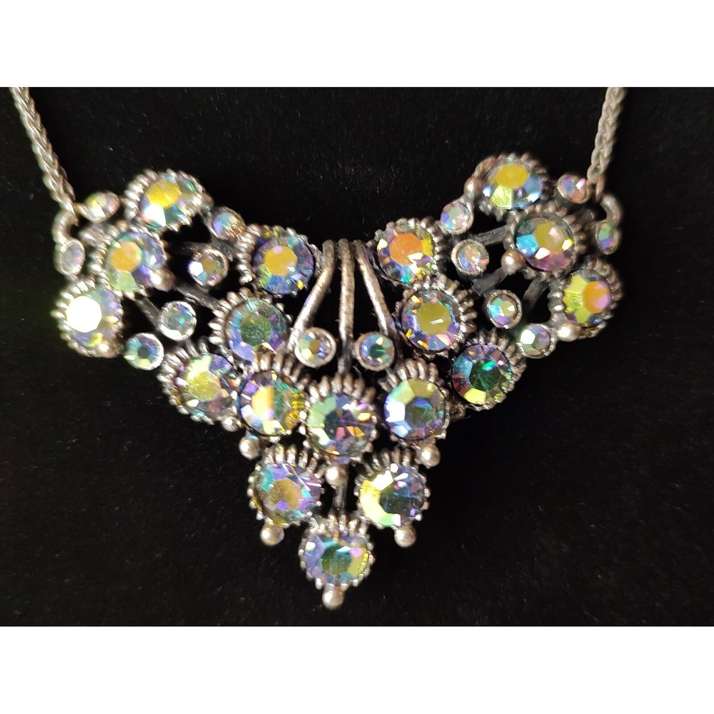 Coldwater Creek Rhinestone Necklace Aurora Borealis Pewter Tone Adjustable